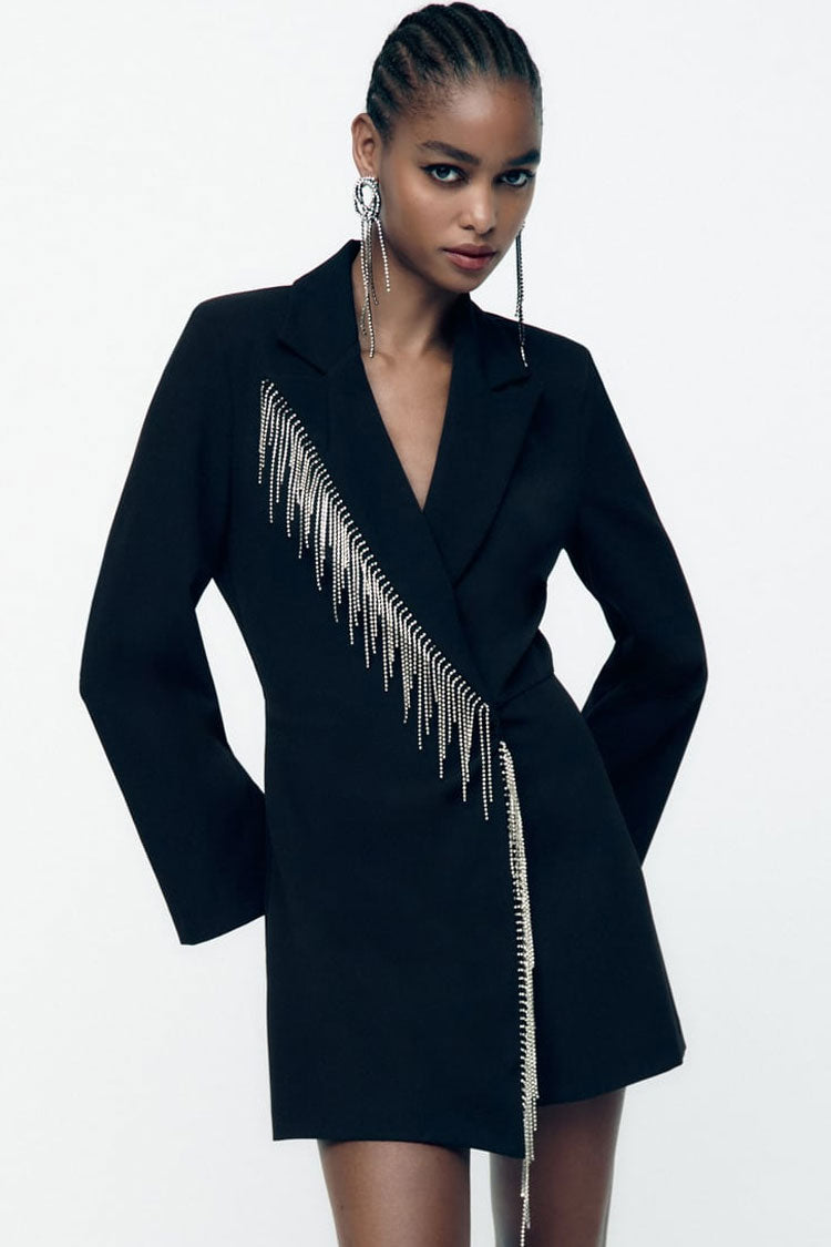 Black Lapel Collar Long Sleeve Rhinestone Fringe Blazer Mini Dress