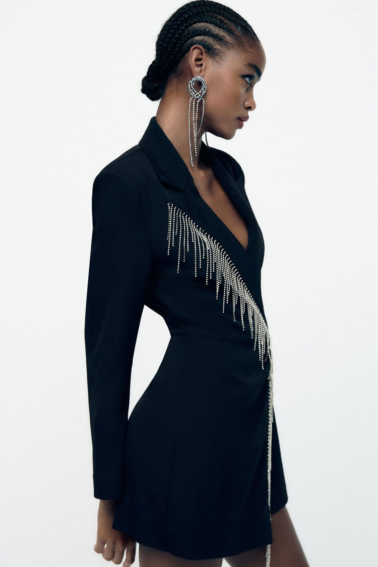 Black Lapel Collar Long Sleeve Rhinestone Fringe Blazer Mini Dress