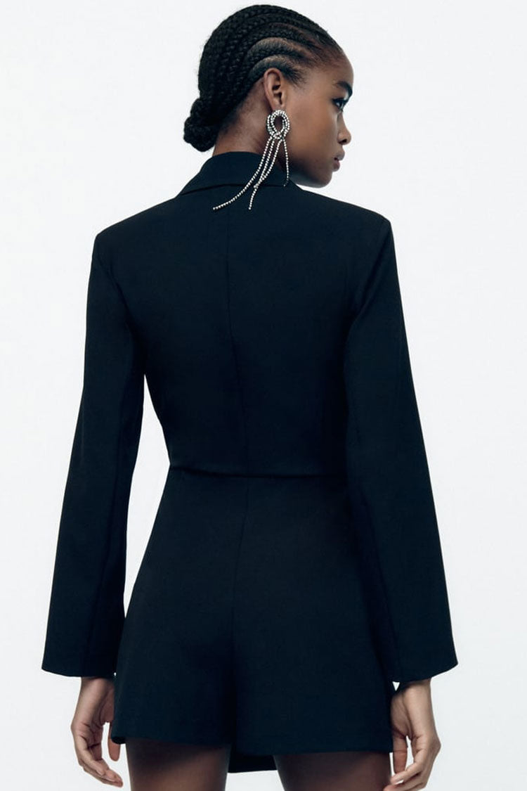 Black Lapel Collar Long Sleeve Rhinestone Fringe Blazer Mini Dress