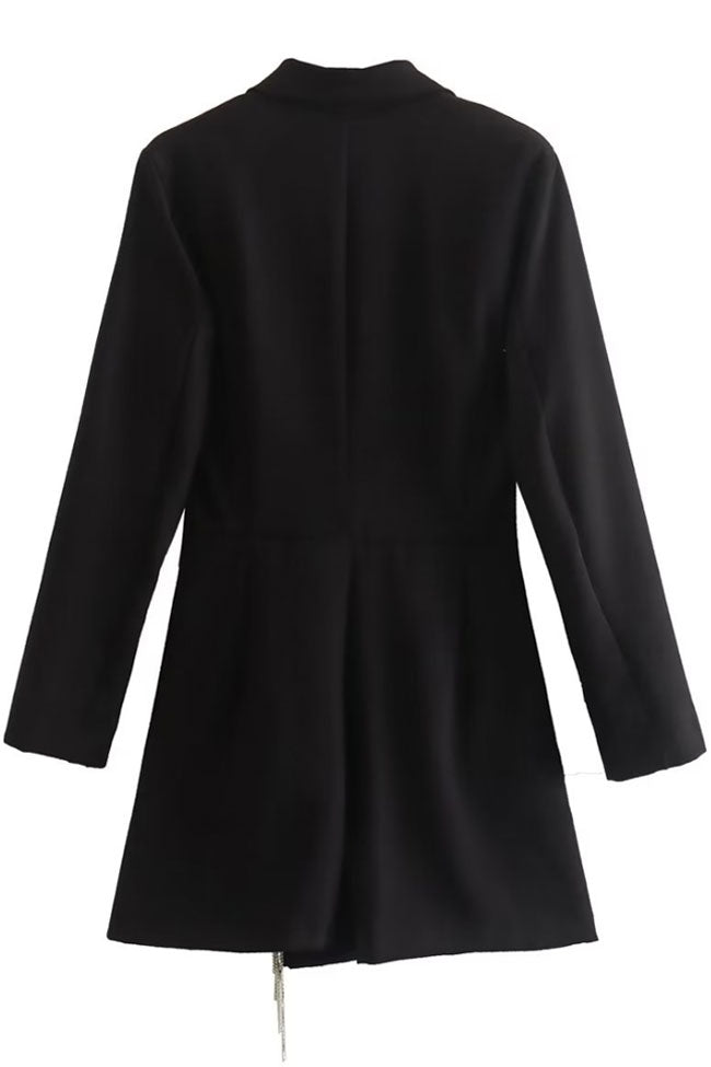 Black Lapel Collar Long Sleeve Rhinestone Fringe Blazer Mini Dress