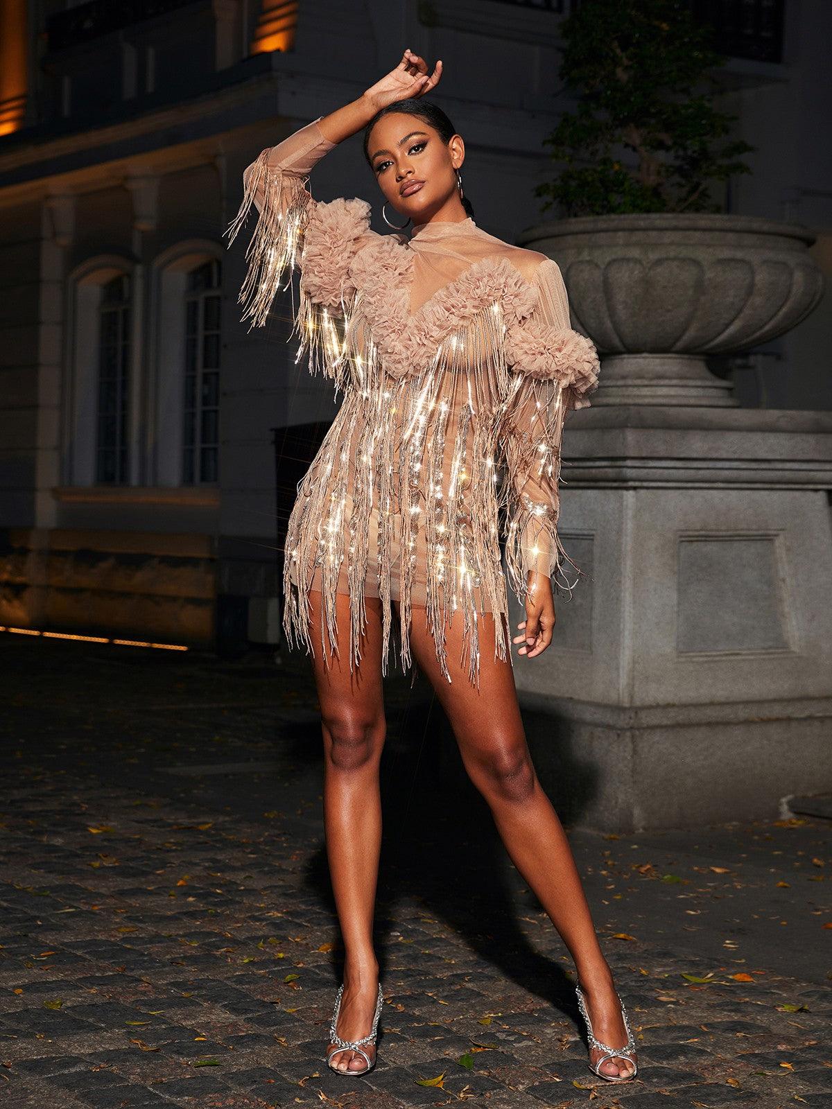 High Neck Ruffle Sequin Fringe Long Sleeve Mesh Mini Dress