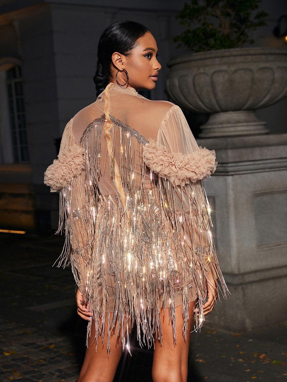 High Neck Ruffle Sequin Fringe Long Sleeve Mesh Mini Dress