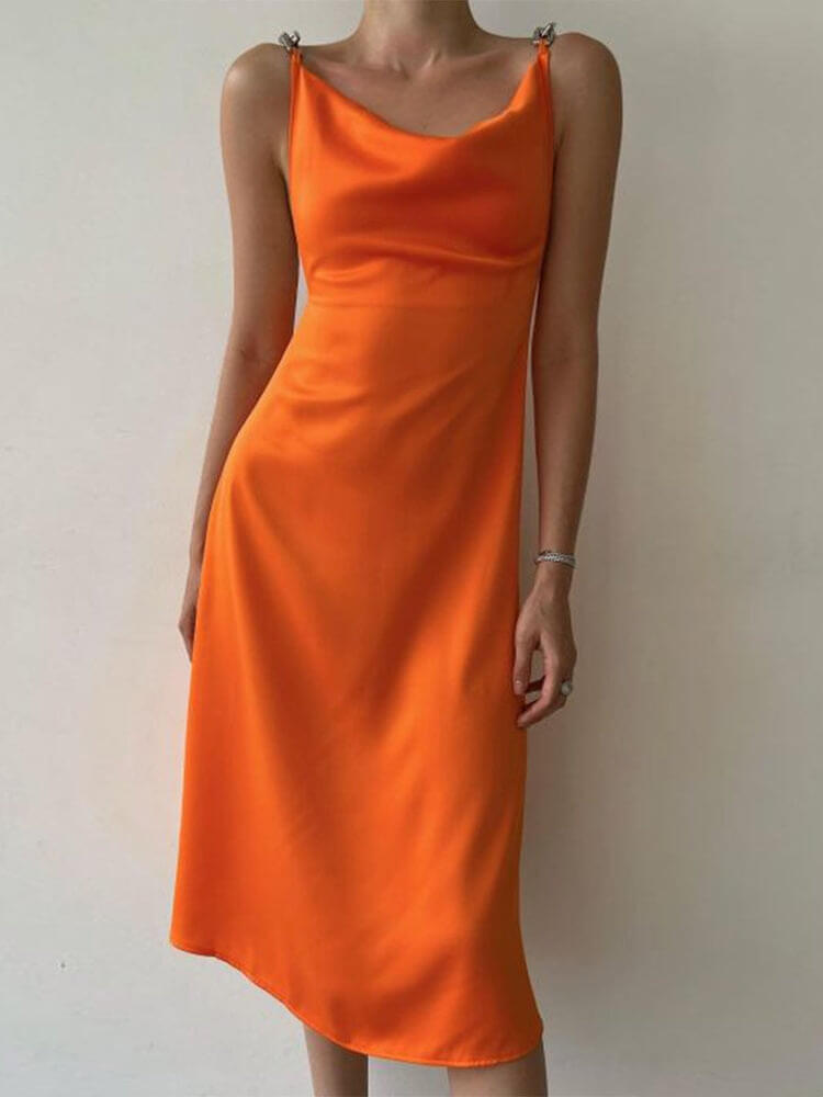 Special Orange Plain Sleeveless Midi Dress