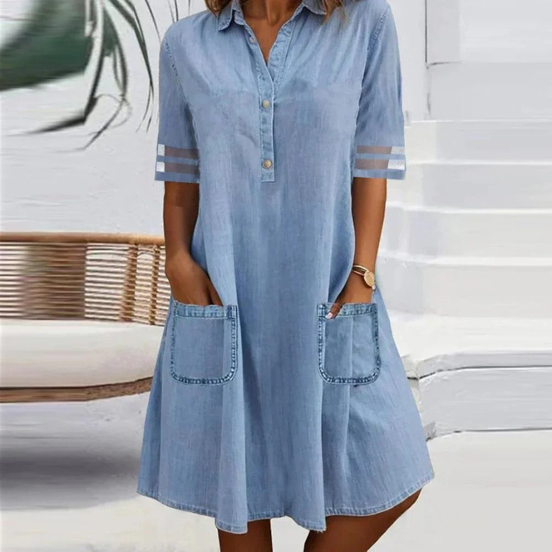 Blue Collared Denim Button Mesh Trim Short Sleeve Pocket Midi Dress