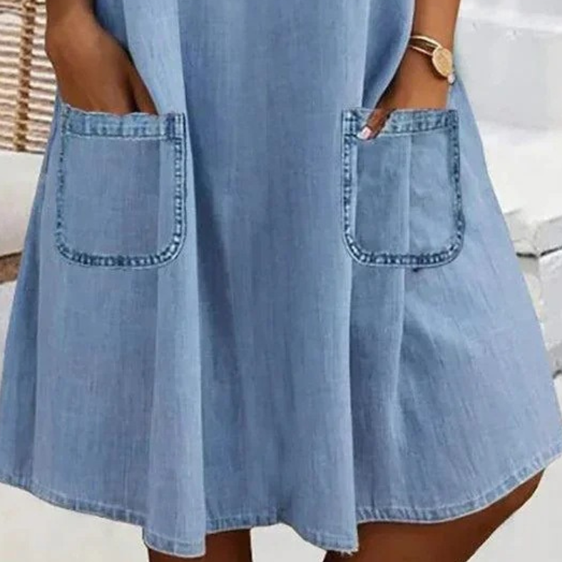 Blue Collared Denim Button Mesh Trim Short Sleeve Pocket Midi Dress