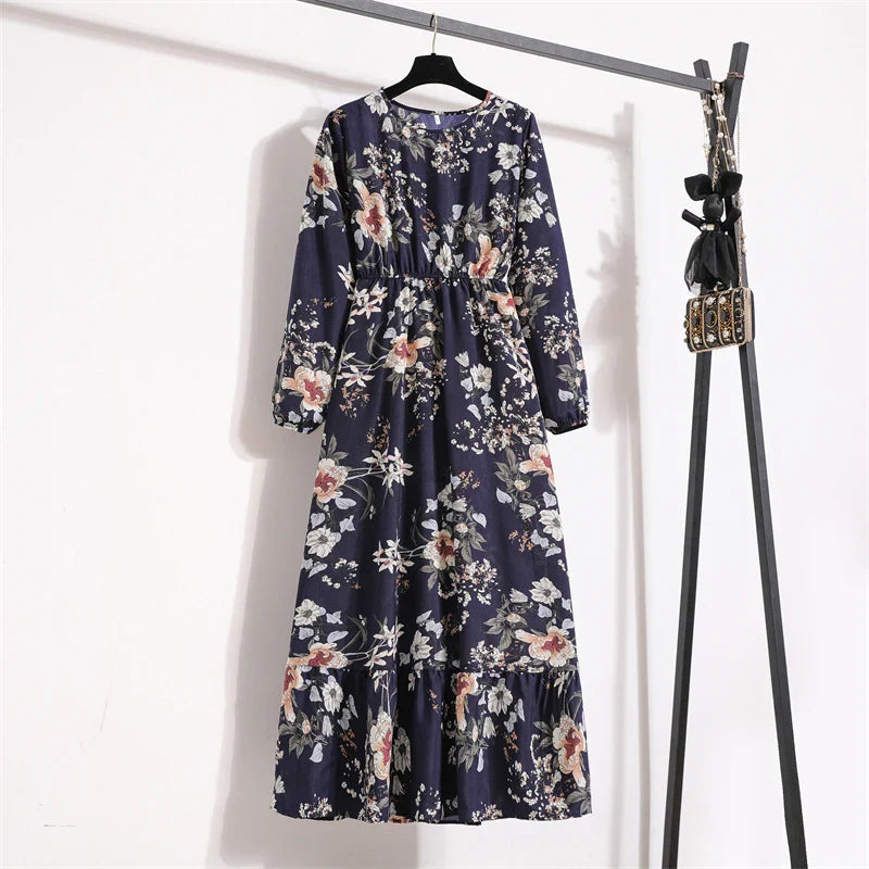 Spring Maxi Casual Full Floral Printed Oneck Woman Bohe Party Midi Dresses