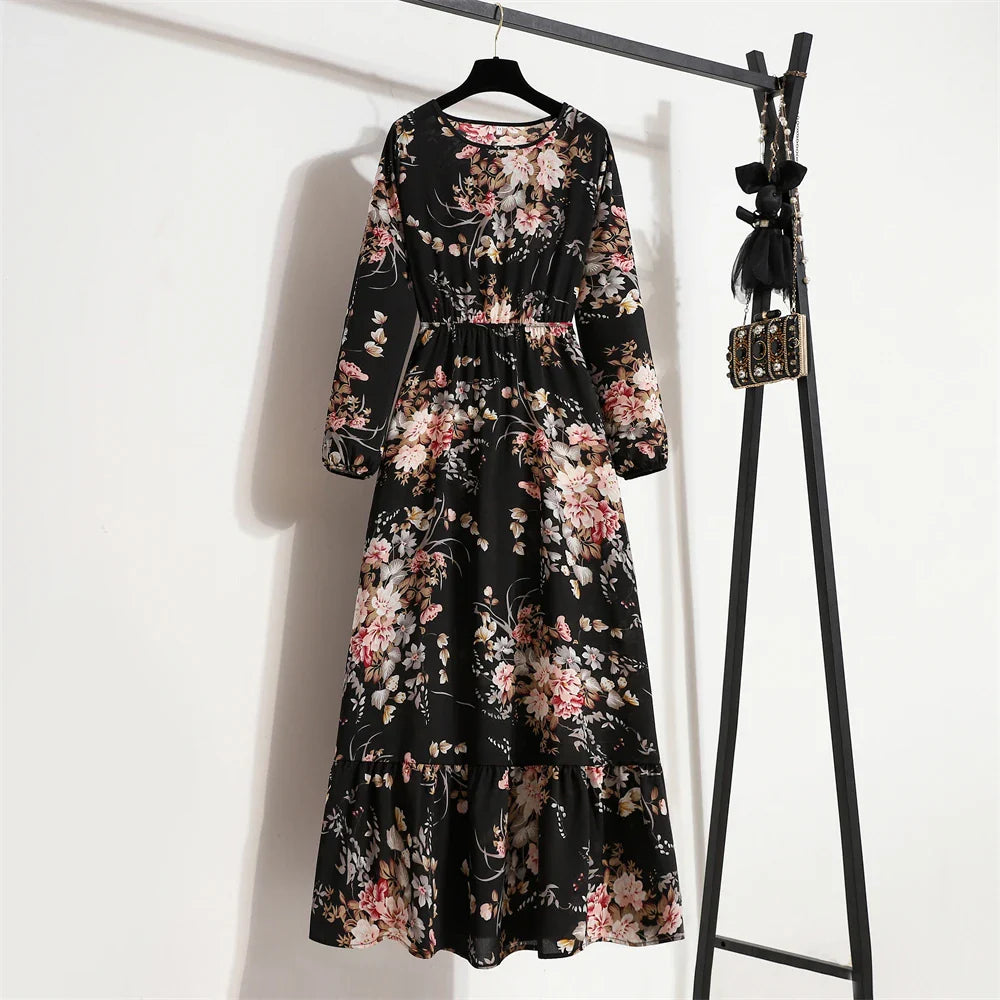 Spring Maxi Casual Full Floral Printed Oneck Woman Bohe Party Midi Dresses