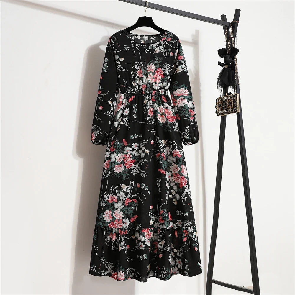 Spring Maxi Casual Full Floral Printed Oneck Woman Bohe Party Midi Dresses
