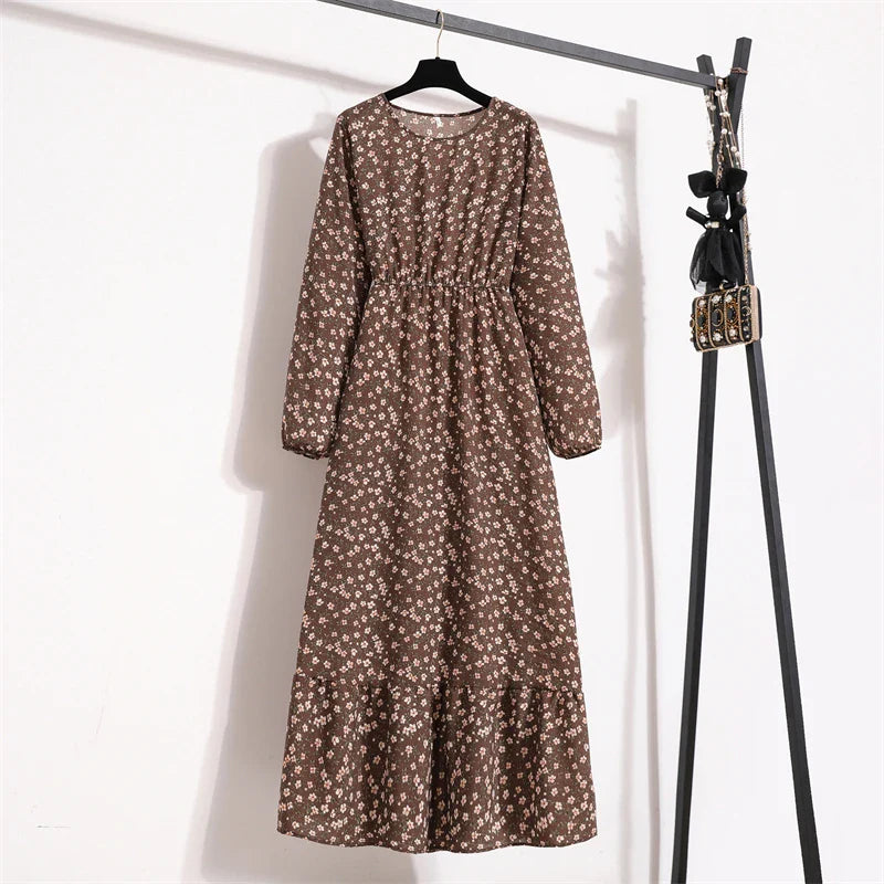 Spring Maxi Casual Full Floral Printed Oneck Woman Bohe Party Midi Dresses