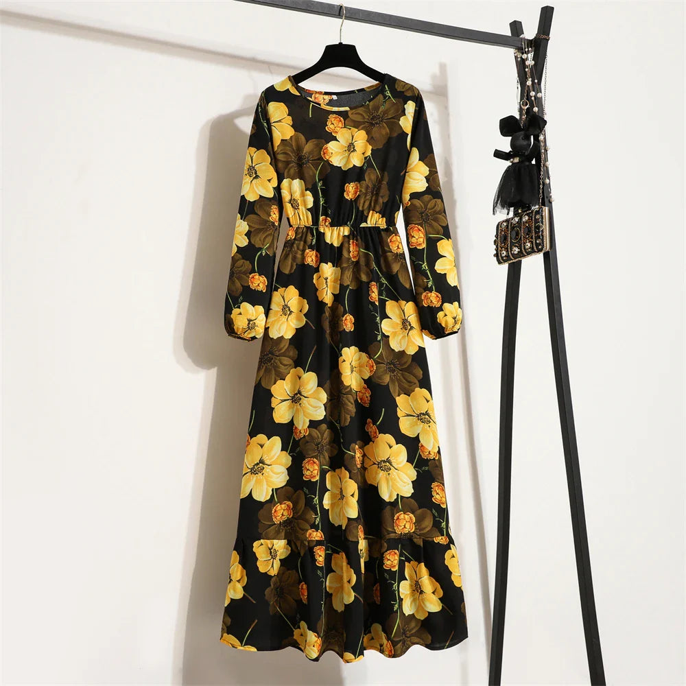 Spring Maxi Casual Full Floral Printed Oneck Woman Bohe Party Midi Dresses