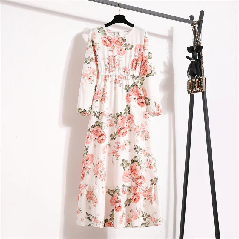 Spring Maxi Casual Full Floral Printed Oneck Woman Bohe Party Midi Dresses