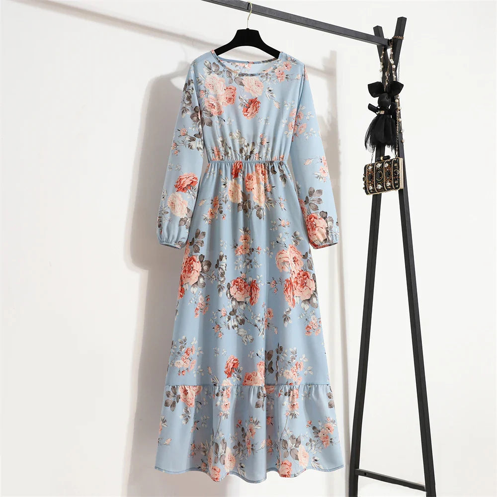 Spring Maxi Casual Full Floral Printed Oneck Woman Bohe Party Midi Dresses