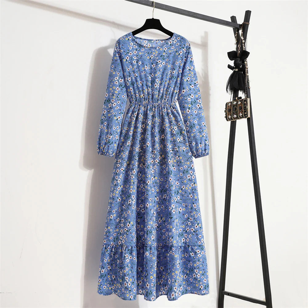 Spring Maxi Casual Full Floral Printed Oneck Woman Bohe Party Midi Dresses