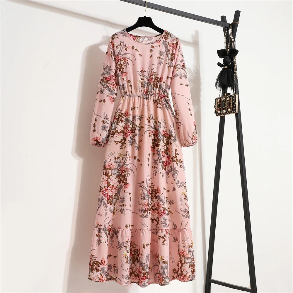 Spring Maxi Casual Full Floral Printed Oneck Woman Bohe Party Midi Dresses