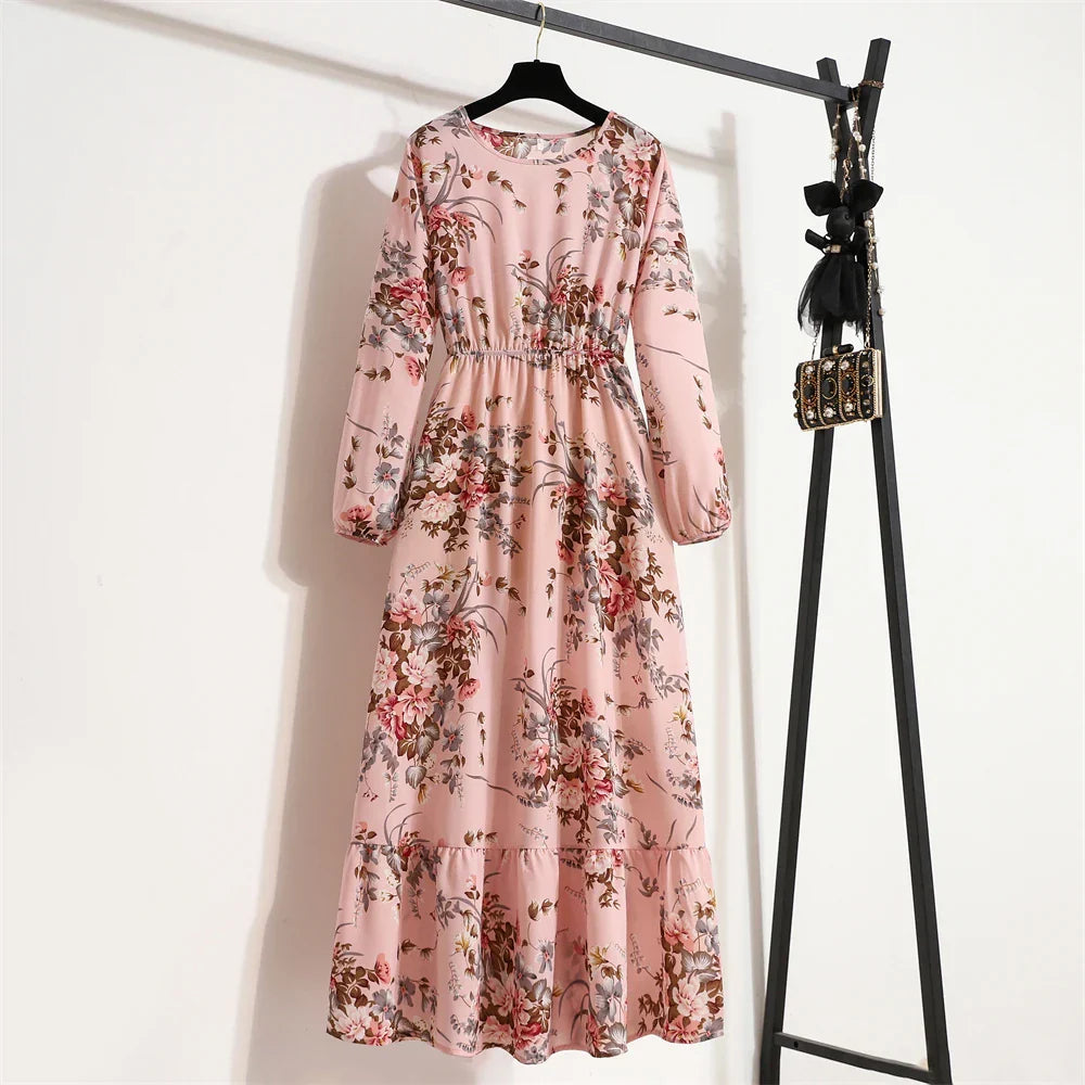 Spring Maxi Casual Full Floral Printed Oneck Woman Bohe Party Midi Dresses