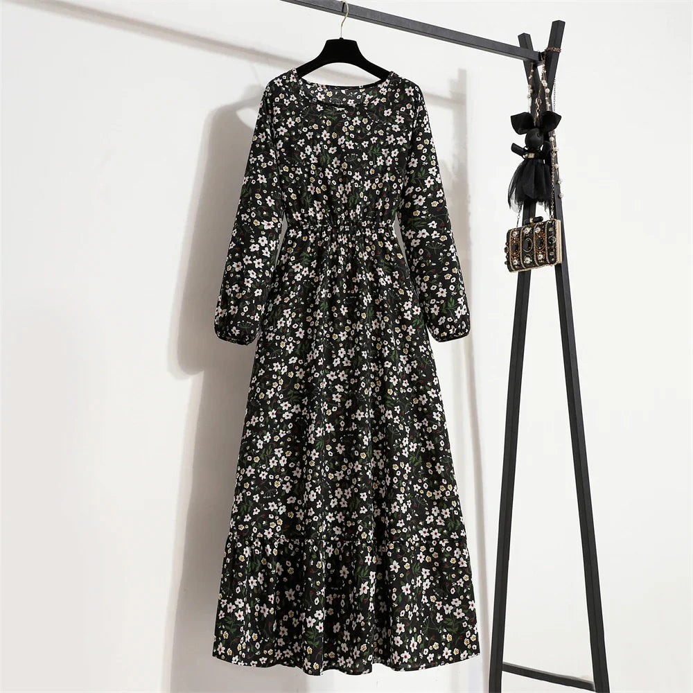 Spring Maxi Casual Full Floral Printed Oneck Woman Bohe Party Midi Dresses