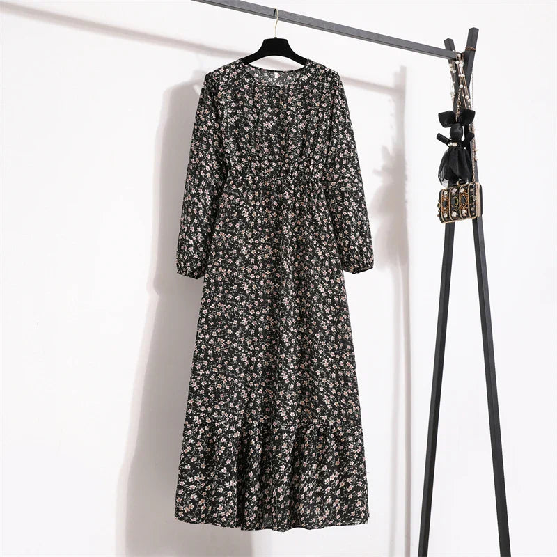 Spring Maxi Casual Full Floral Printed Oneck Woman Bohe Party Midi Dresses