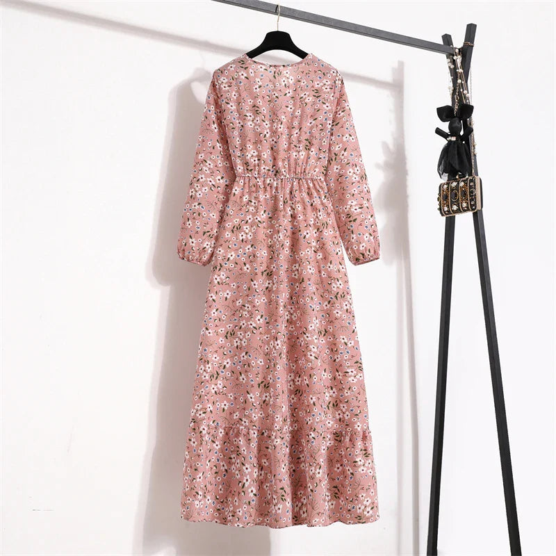 Spring Maxi Casual Full Floral Printed Oneck Woman Bohe Party Midi Dresses