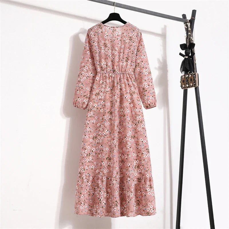 Spring Maxi Casual Full Floral Printed Oneck Woman Bohe Party Midi Dresses