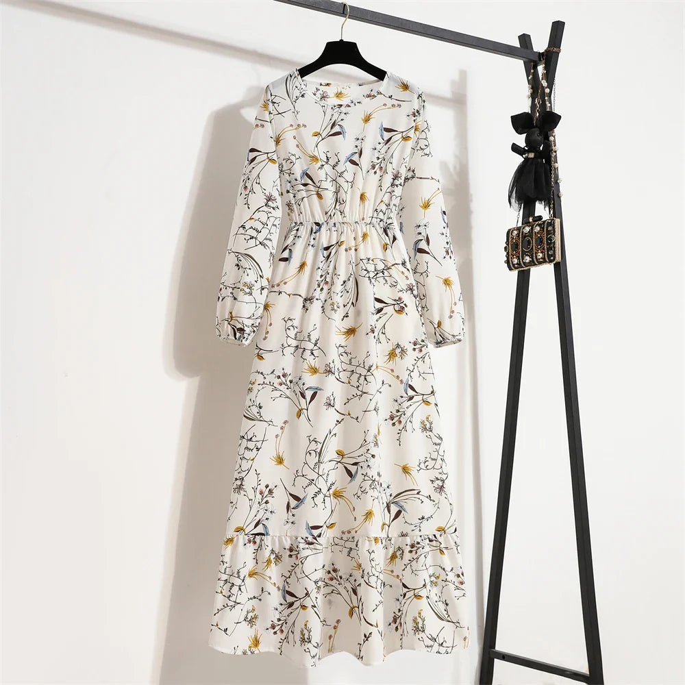 Spring Maxi Casual Full Floral Printed Oneck Woman Bohe Party Midi Dresses