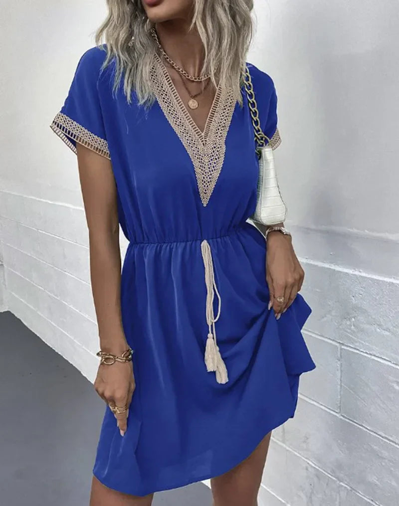 Lace V-Neck Panel Short Sleeve Midi Dress