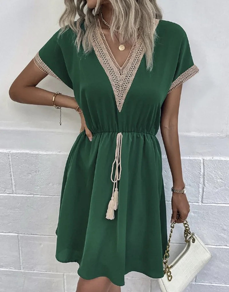 Lace VNeck Panel Short Sleeve Midi Dress