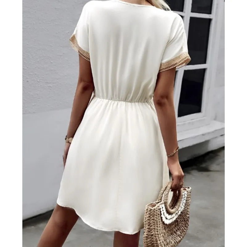 Fresh Sweet Solid Short Lace VNeck Waist Panel Skirt Midi Dresses