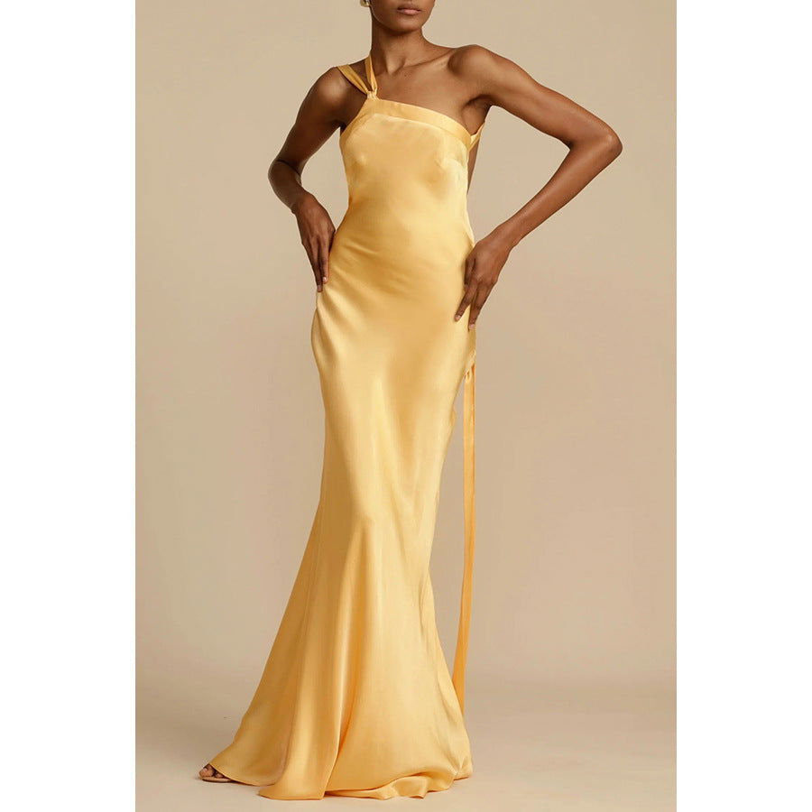 Party Slim Fit Oblique Shoulder Dress Casual Satin Dress