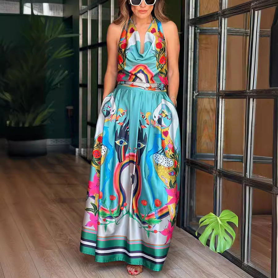 Sleeveless Printed Dress Casual Loose Vacation Lace up Dress