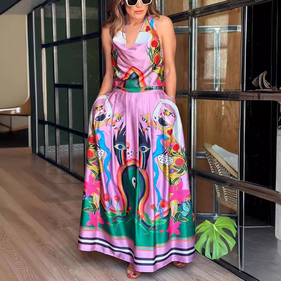 Sleeveless Printed Dress Casual Loose Vacation Lace up Dress