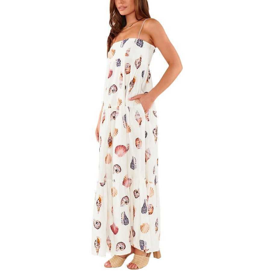 Suspender Printed Layered Dress Loose Vacation Dress