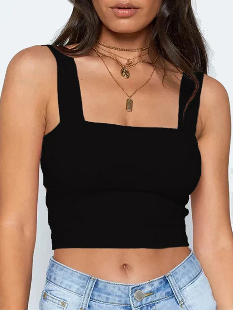 Square Neck Sleeveless Summer Crop Women Black Casual Basic T Shirt Off Shoulder Cami Sexy Backless Tank top