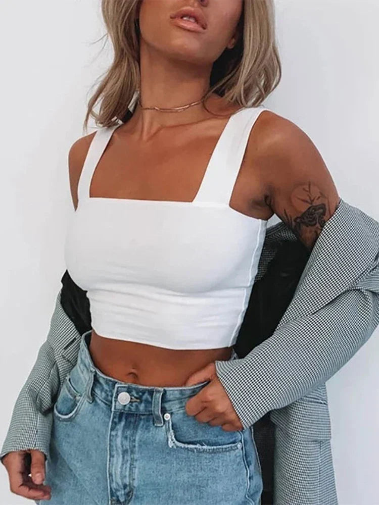Square Neck Sleeveless Summer Crop Women Black Casual Basic T Shirt Off Shoulder Cami Sexy Backless Tank top
