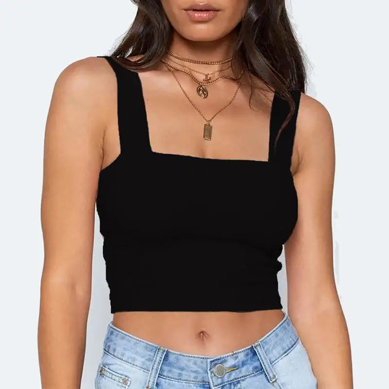 Square Neck Sleeveless Summer Crop Women Black Casual Basic T Shirt Off Shoulder Cami Sexy Backless