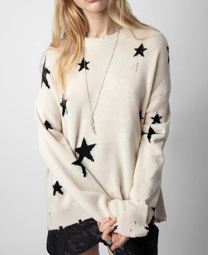 Star Ripped Cashmere Knit Pullover Casual Long Sleeve Knit Top Cream / S