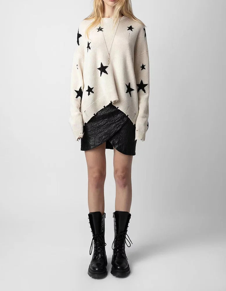Star Ripped Cashmere Knit Pullover Casual Long Sleeve Knit Top