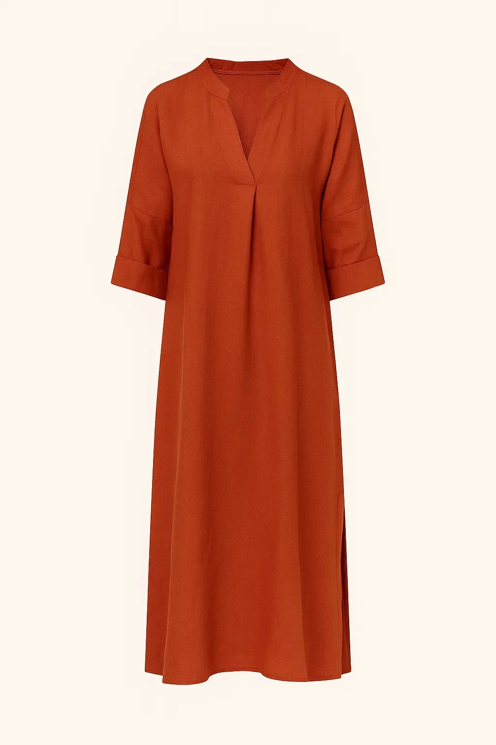 Notched V-Neck Linen Rolled Sleeve Side Slit Shift Maxi Dress 2