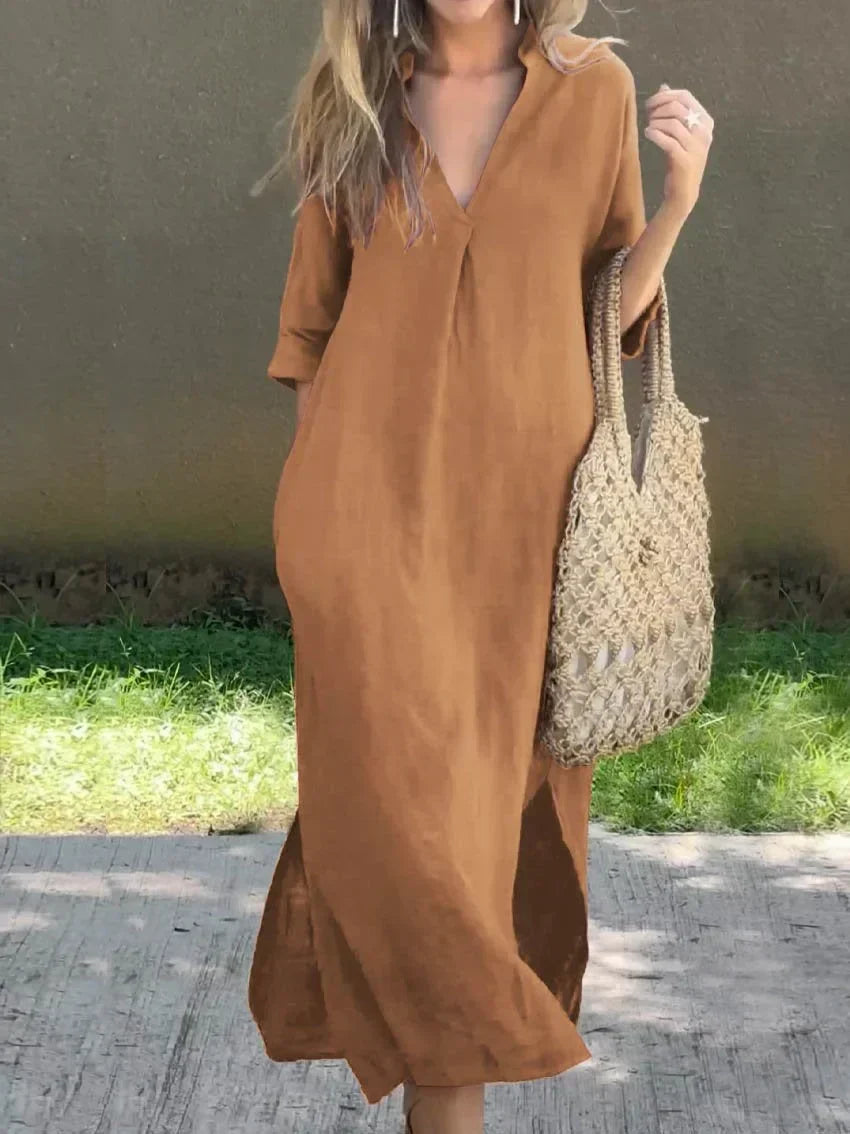 Notched V-Neck Linen Rolled Sleeve Side Slit Shift Maxi Dress 5