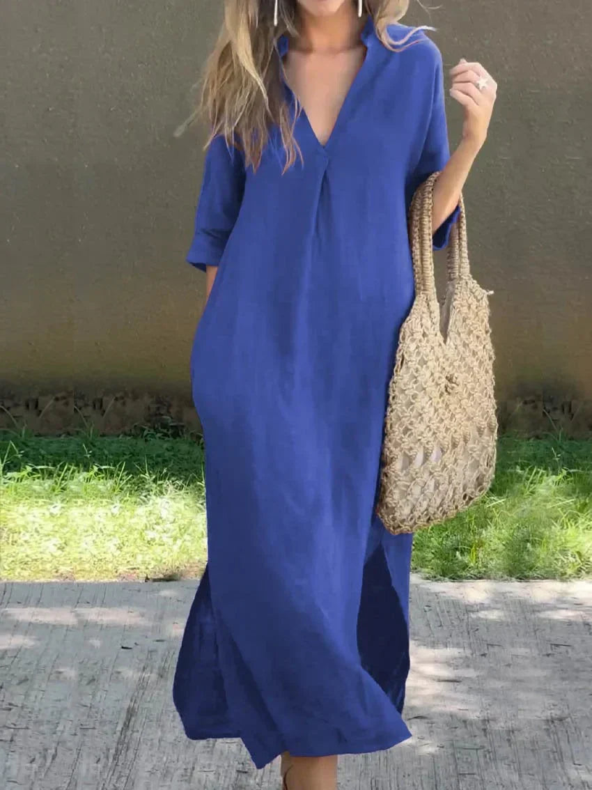 Notched V-Neck Linen Rolled Sleeve Side Slit Shift Maxi Dress 6