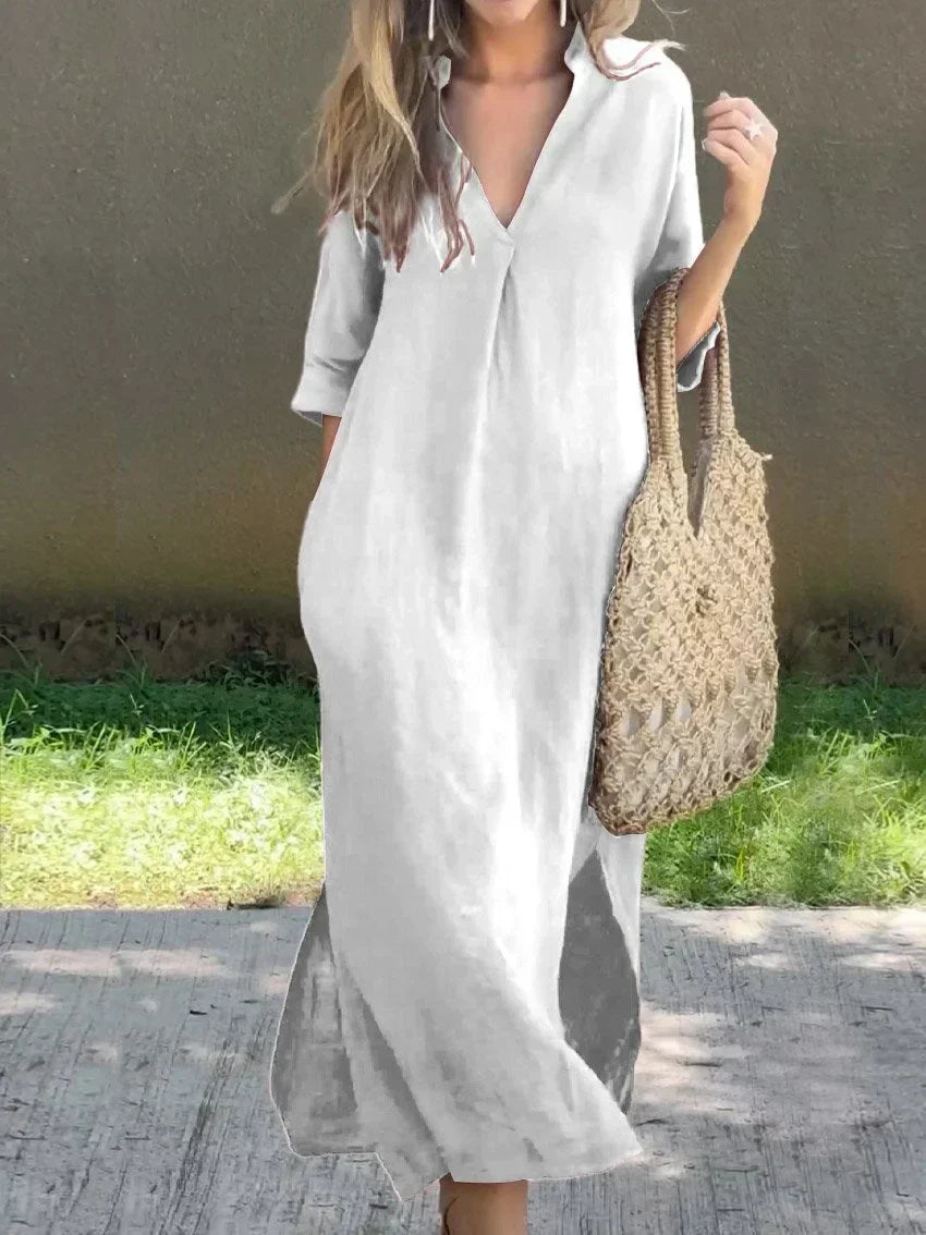 Notched V-Neck Linen Rolled Sleeve Side Slit Shift Maxi Dress 7