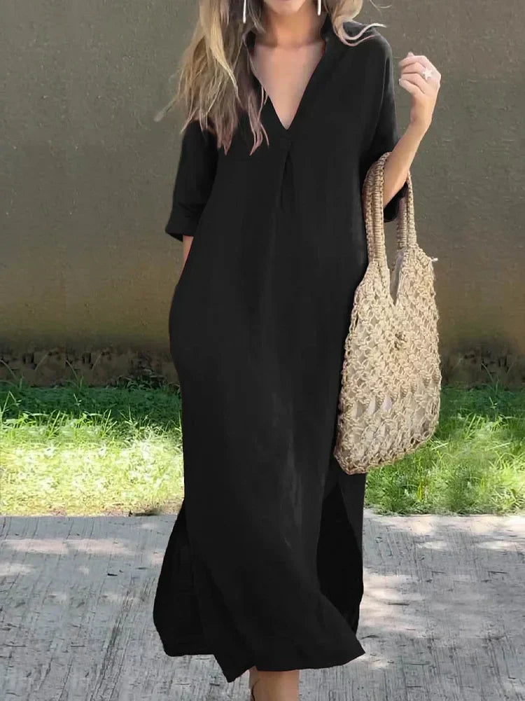 Notched V-Neck Linen Rolled Sleeve Side Slit Shift Maxi Dress 8