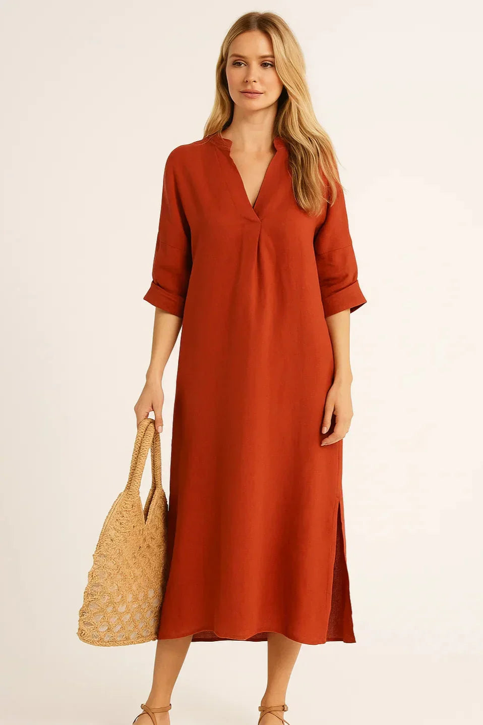 Notched V-Neck Linen Rolled Sleeve Side Slit Shift Maxi Dress