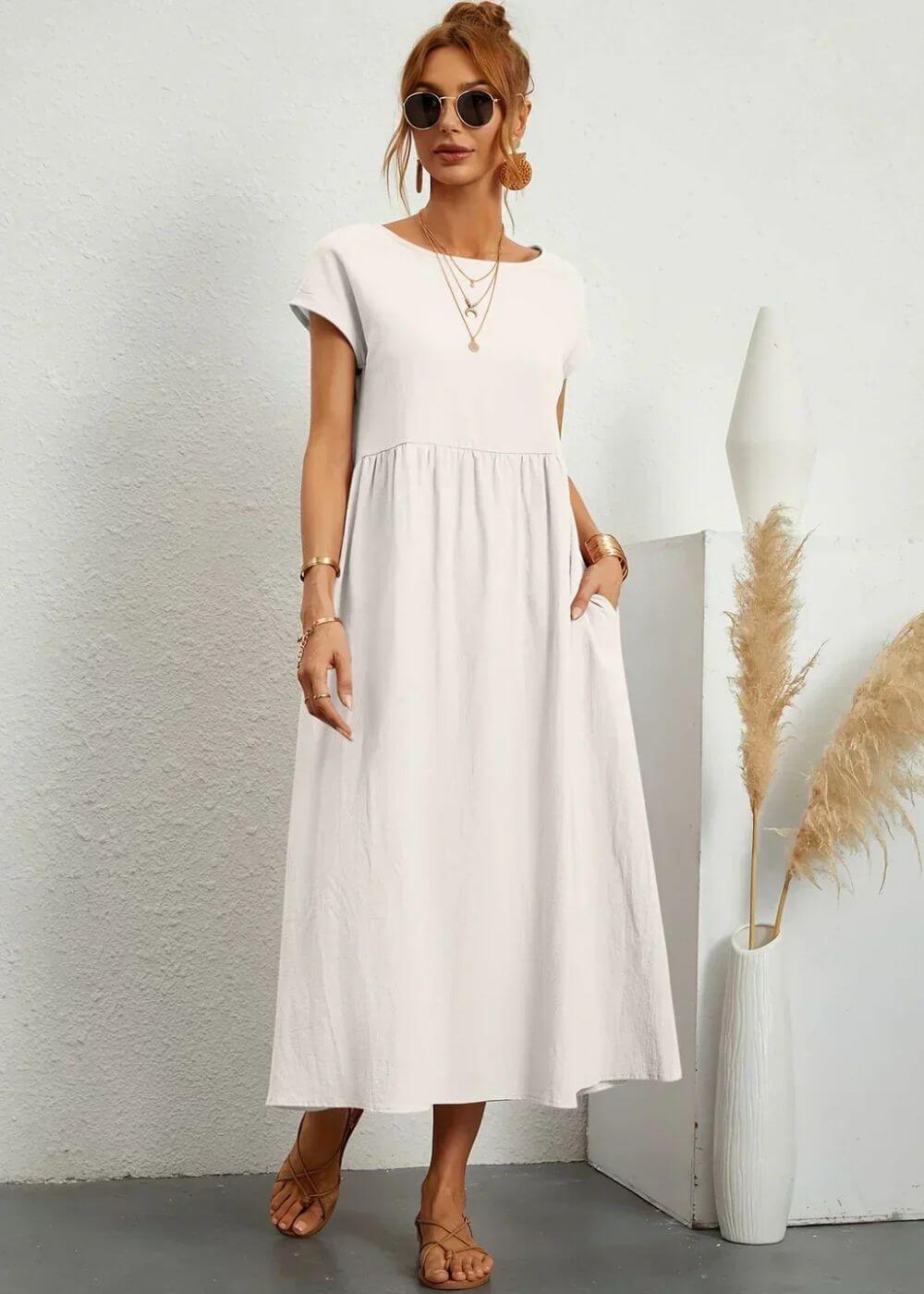 Round Neck Short Sleeve Empire Waist Pocket A-Line Midi Dress