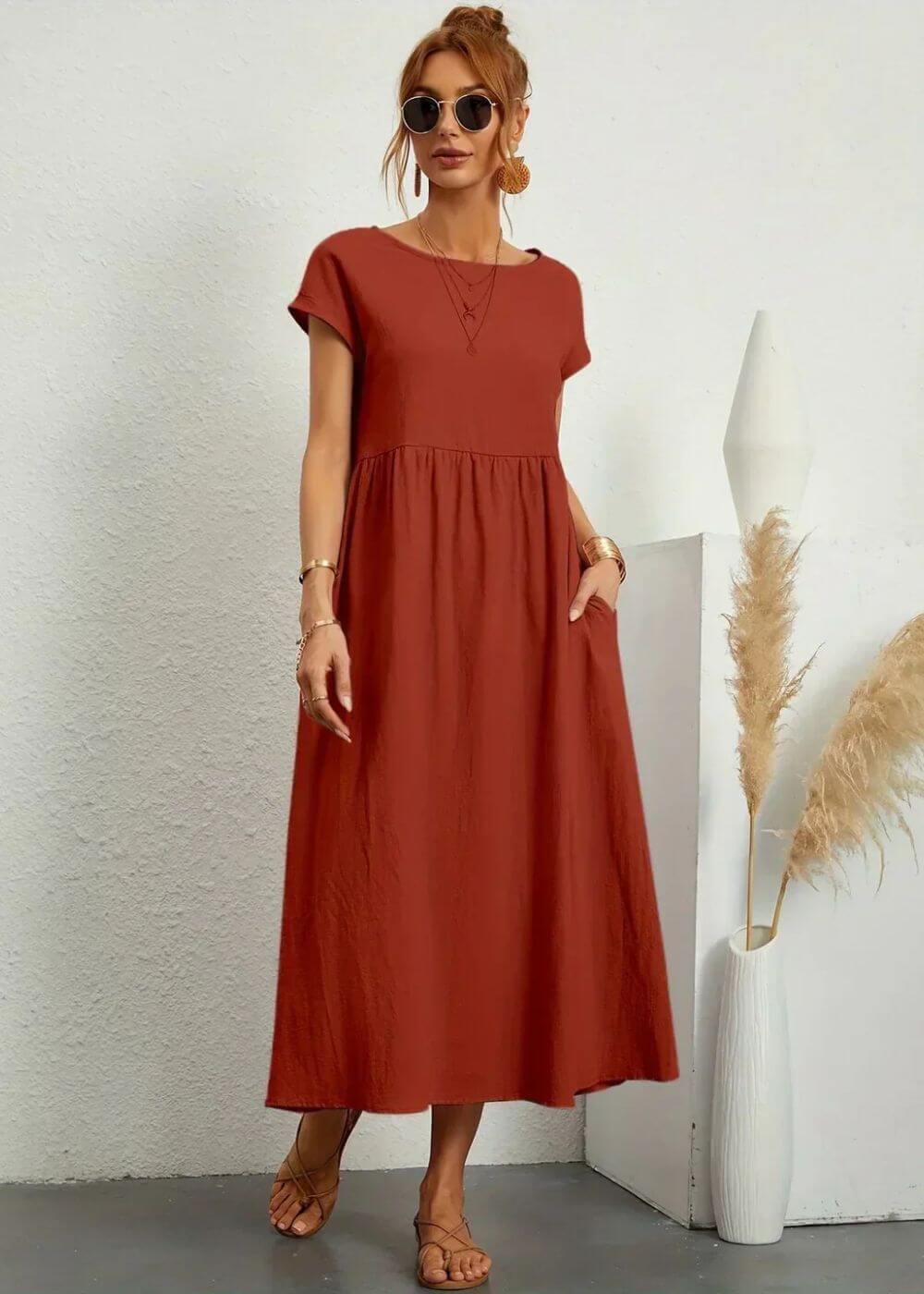 Round Neck Short Sleeve Empire Waist Pocket A-Line Midi Dress