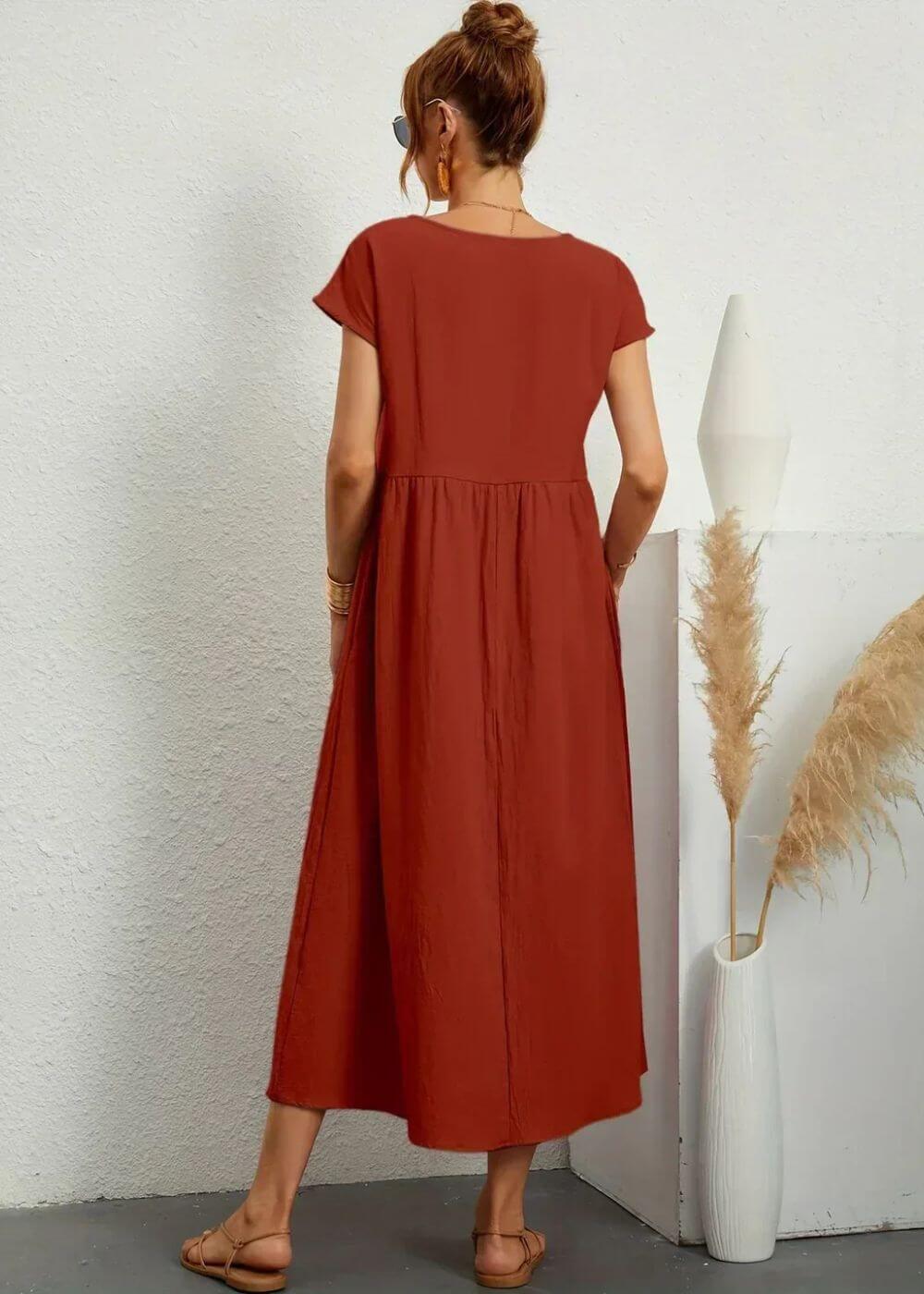 Round Neck Short Sleeve Empire Waist Pocket A-Line Midi Dress