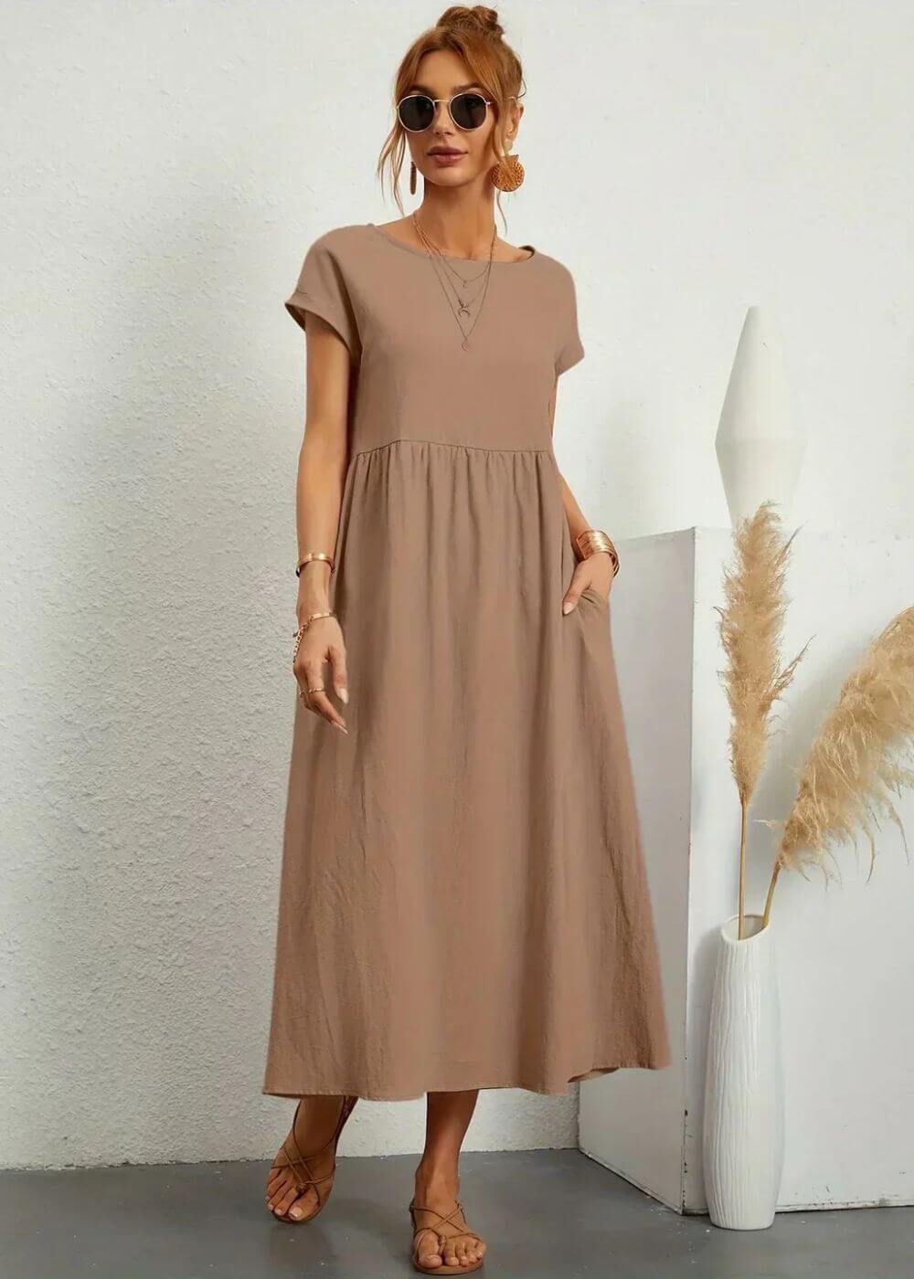Round Neck Short Sleeve Empire Waist Pocket A-Line Midi Dress