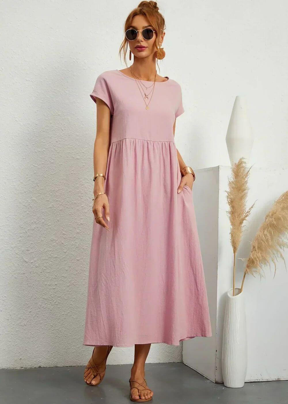 Round Neck Short Sleeve Empire Waist Pocket A-Line Midi Dress