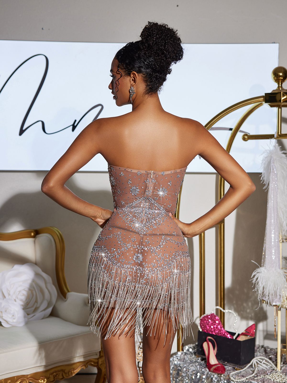 Strapless Crystal Chain Fringe Mini Dress