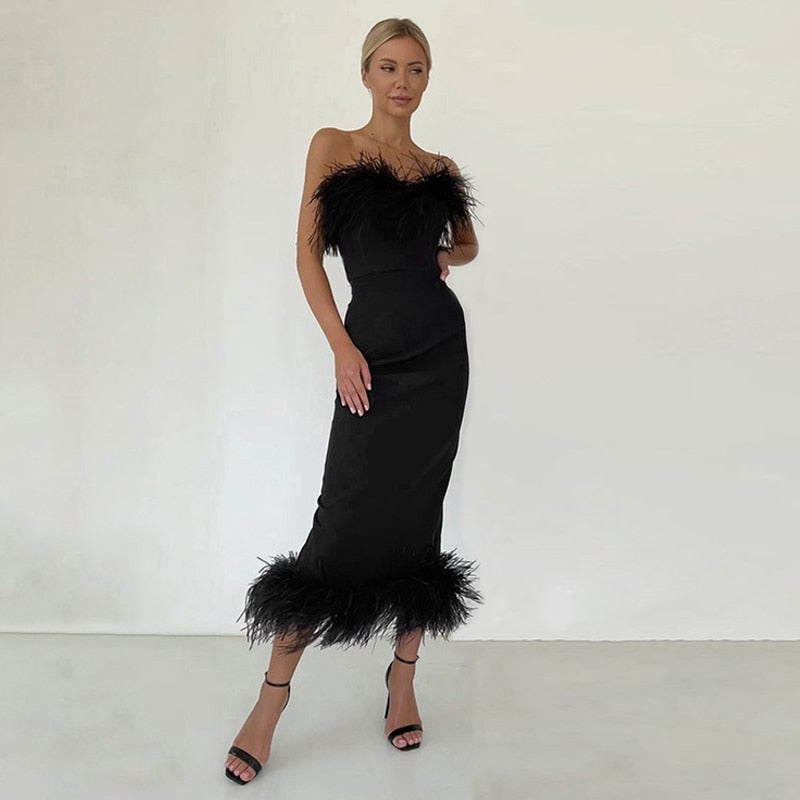 Strapless Feather Evening Sexy Corset Bodycon Midi Dress