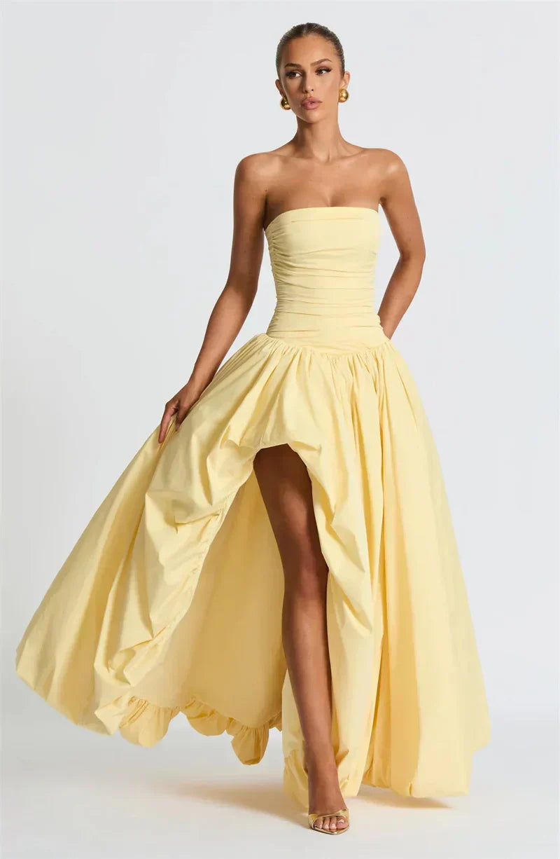 Strapless High Split Lace-Up Back Maxi Dress